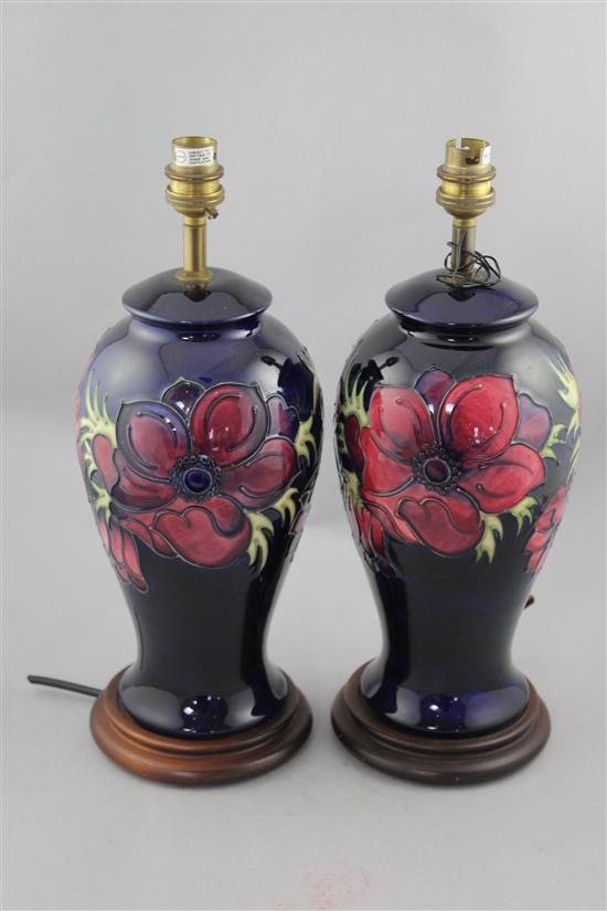A pair of Moorcroft Anemone pattern lamp bases, late 20th century, 36.5cm. incl. metal fittings